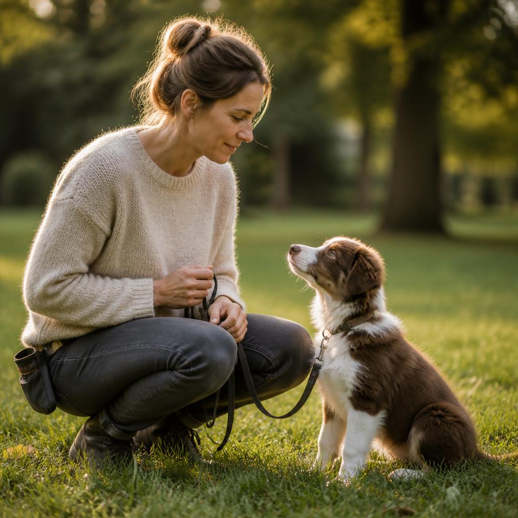 Lotte oefent buiten met een jonge puppy